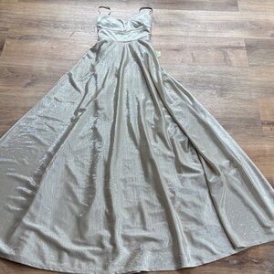 NEW 7 Windsor long formal shimmery, light gold, criss cross back ball gown